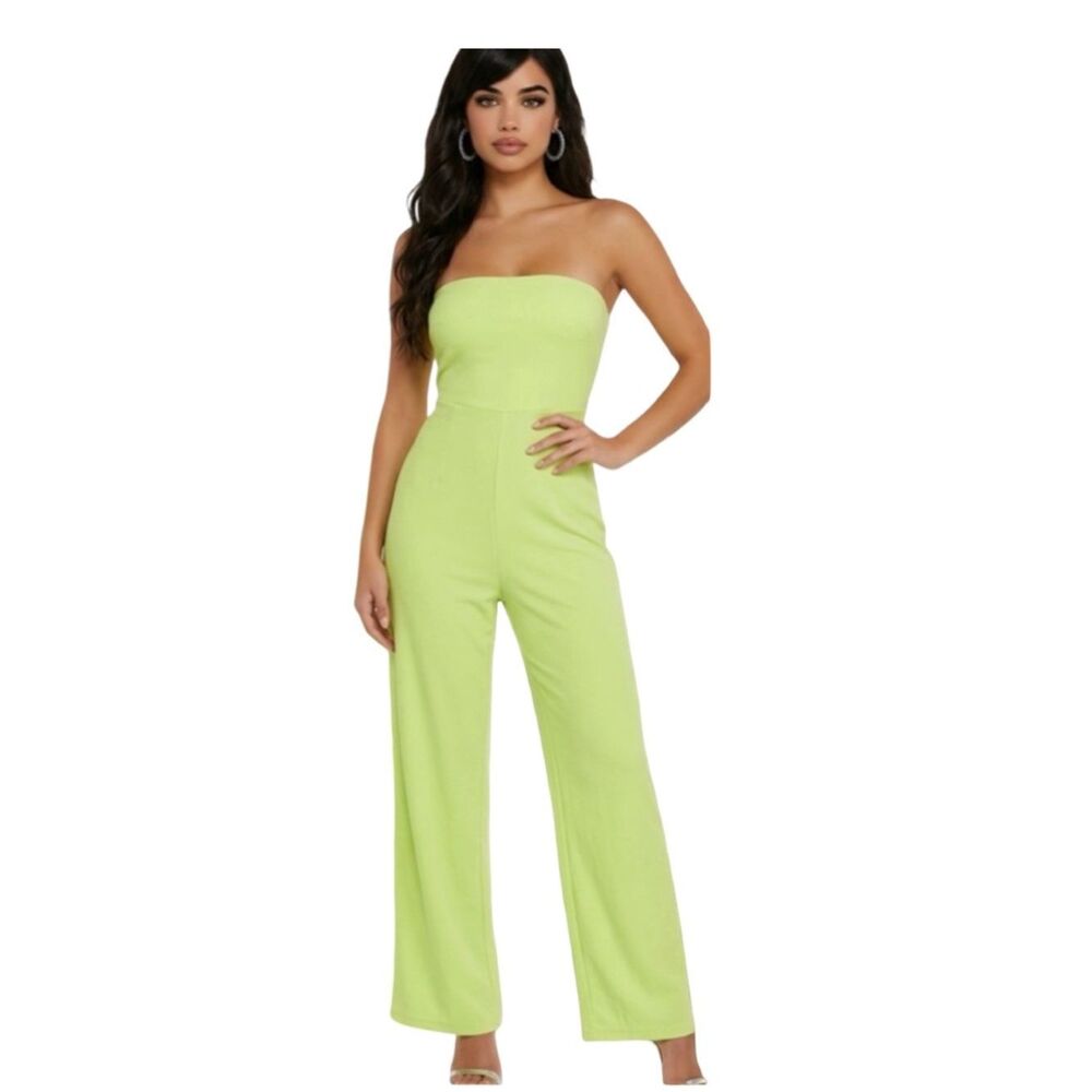 🛍️ FOREVER 21 Y2K Neon Lime Green Strapless Wide Leg Jumpsuit Jumper LARGE NWT